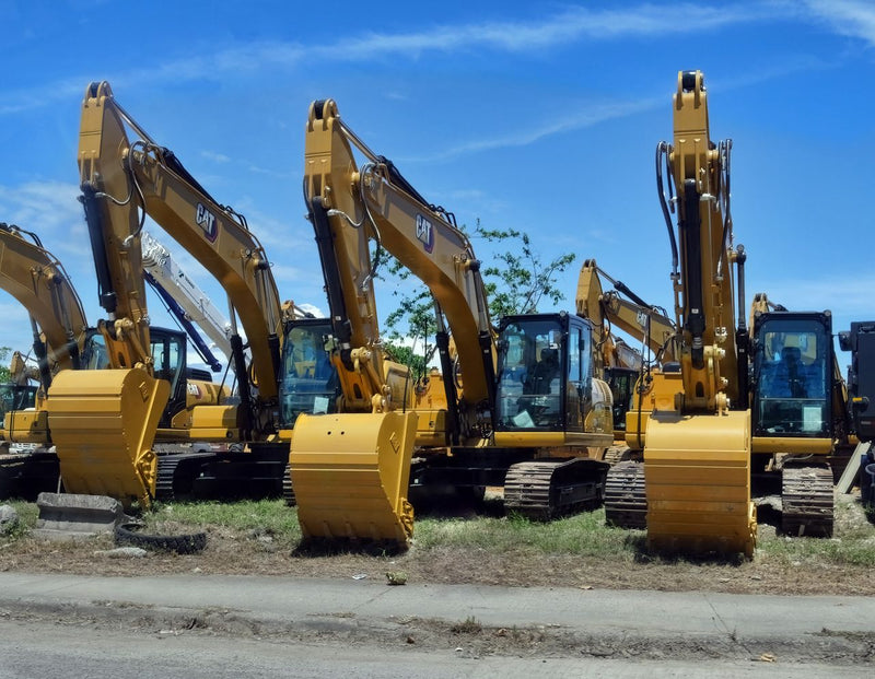 Multiple yellow excavators lined under clear blue sky.