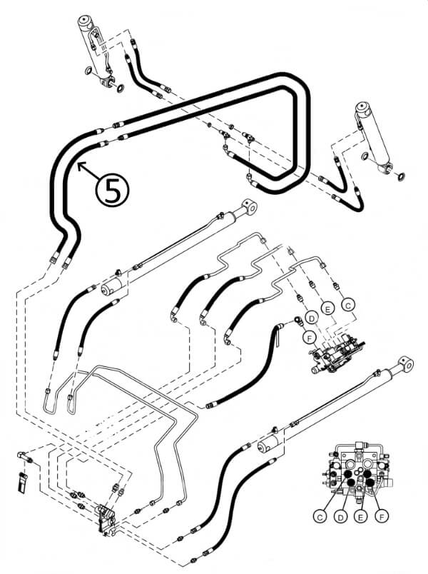 Bobcat T630 Hose - At Arm Pivot - to Loader Bucket Tilt Cylinders - Rod Ends -