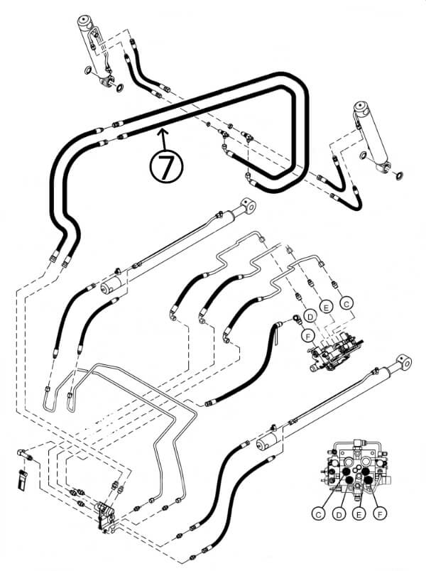 Bobcat T630 Hose - Along Loader Arm - to Loader Bucket Tilt Cylinders - Rod Ends -