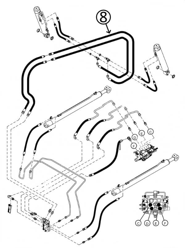 Bobcat T630 Hose - Along Loader Arm - to Loader Bucket Tilt Cylinders - Bore Ends -