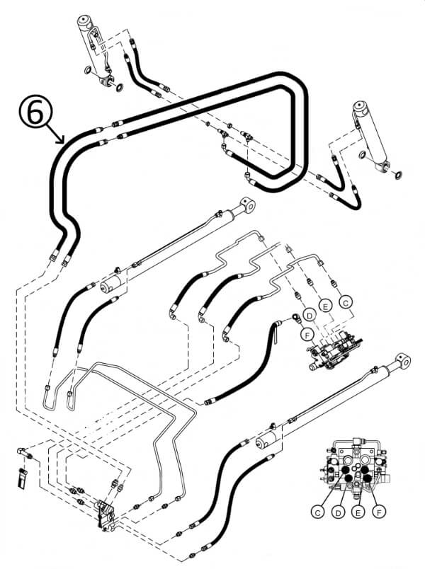Bobcat T630 Hose - At Arm Pivot - to Loader Bucket Tilt Cylinders - Bore Ends -